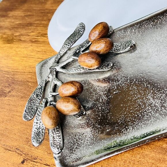 RARE Mud Pie Olive Wood Oliven Leaf Decoration Silver Serving Tray Woodcraft 12“ - Picture 3 of 11